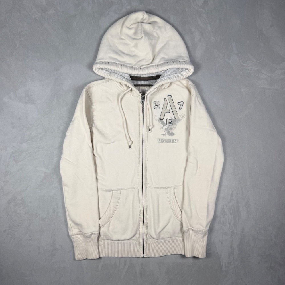 Y2K Mens American Eagle Distressed Graphic Zip Up Hoodie Cream XS